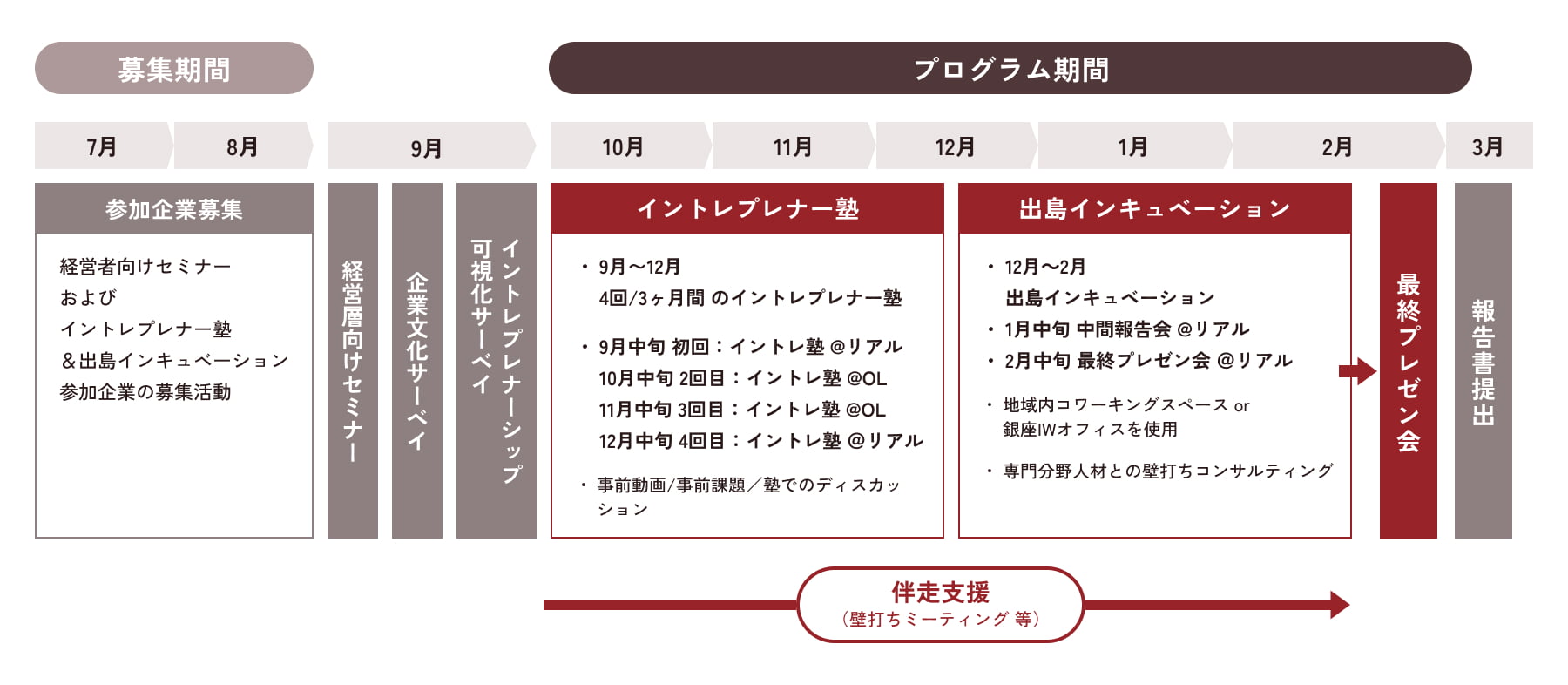 企業内起業家（イントレプレナー）養成支援事業のスケジュールを示すタイムラインチャート