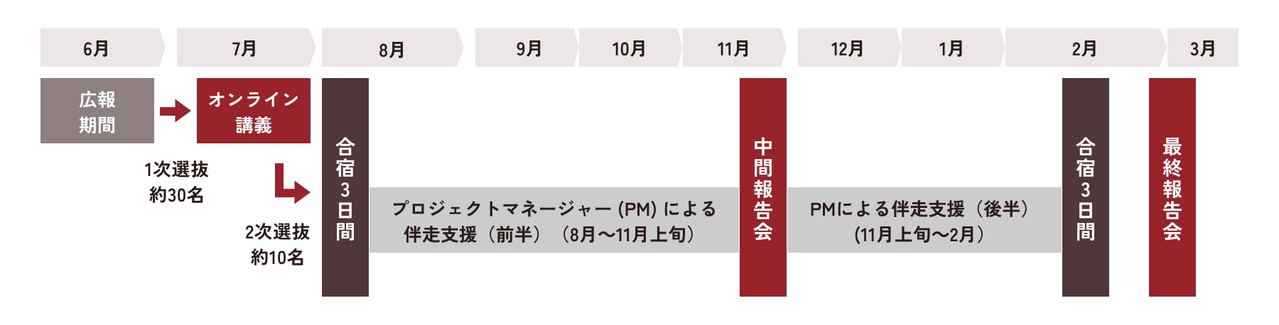 学生向け社会起業家育成支援プログラムのスケジュールを示すタイムラインチャート